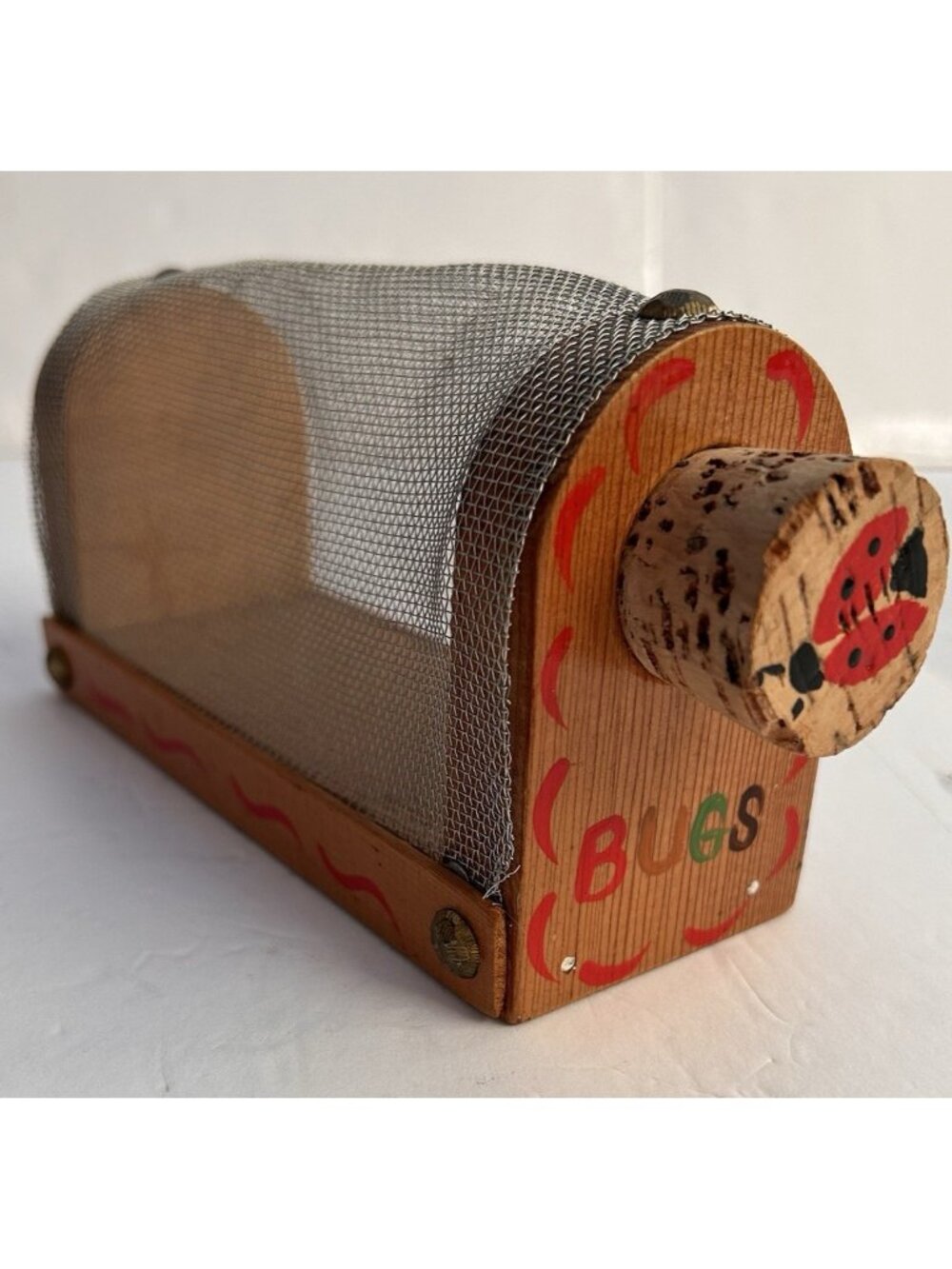 Vintage Wooden Bug Box Insect Cage Handpainted Handmade Ladybug Folk Art Mesh